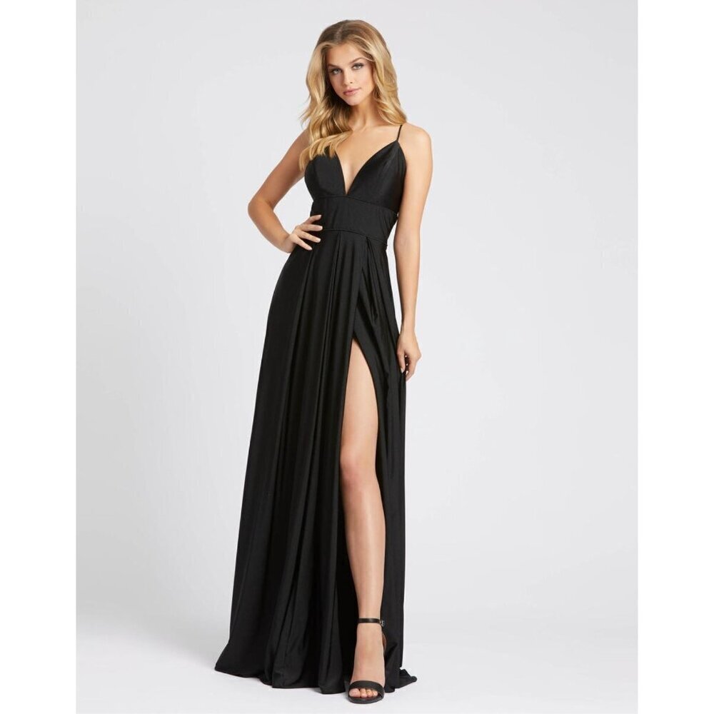 IEENA Mac Duggal 26165I Deep V Neck High Slit Sleeveless Gown Black Womens Size